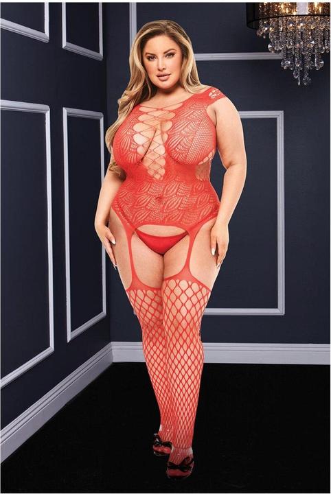 Produktbild Baci XGEN Corset Front Suspender Fishnet Bodystocking - Red - Q (UK Size 14-20) - Passionate and Provocat (14, 15, 16, 17, 18, 19, 20)