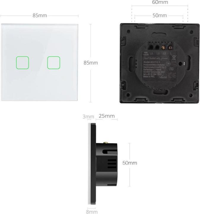 Image du produit Maclean Smart WiFi Interrupteur d'éclairage tactile double compatible avec Tuya APP Interrupteur mural