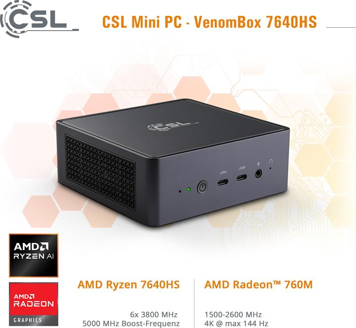 Actual product image CSL Mini-PC VenomBox 7640HS / 32GB / 500 GB M.2 SSD / Windows 11 Pro (AMD Ryzen 5 7640HS, 32.77 GB, 500 GB)
