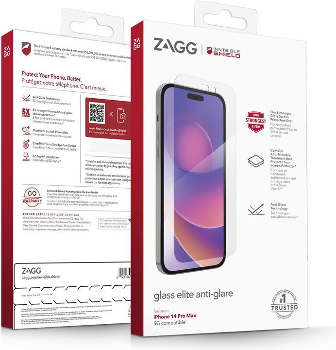 Immagine prodotto Zagg InvisibleShield Glass Elite Anti-Glare, Apple, iPhone 14 Pro Max, Resistente alle cadute, Antipolver (1 Pezzo/i, Apple iPhone 14 Pro Max)