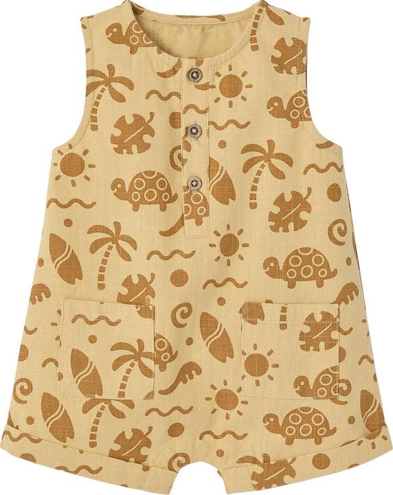 Vertbaudet Kurzer Baby Overall in Leinenoptik mit Strand-Motiven