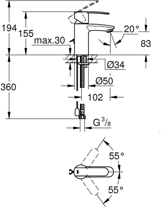 Produktbild Grohe Wave Cosmopolitan, Waschtischarmatur, wassersparend, versenkbare Kette, Schnell-Montage-System, S-Si