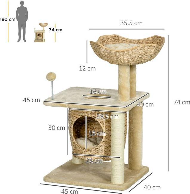 Produktbild Swisshandel24 Kratzbaum Klein, 74 cm mit Katzenhöhle, Spielball, mit Bett, bis 5kg, Beige (74 cm, Beige)