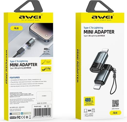 Actual product image Awei Adapter A11 USB-C/Lightning szary /grey (USB Type C, Lightning)