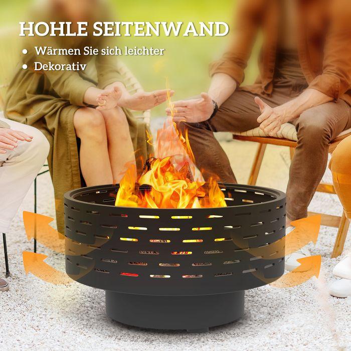 Produktbild Swisshandel24 3in1 Feuerschale Ø60x39cm Edelstahl Grillrost Schürhaken Funkenschutz Holzoptik Kohlegrau (60 cm)