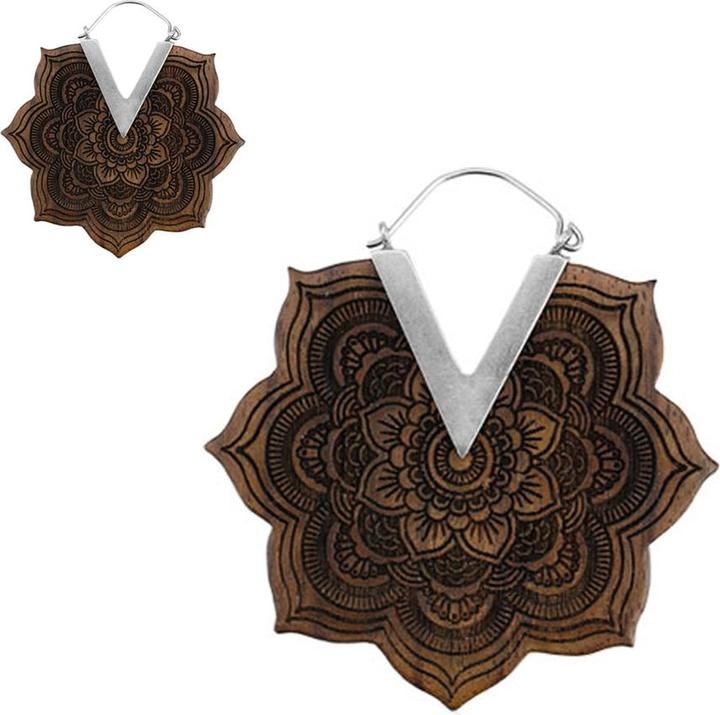 Immagine prodotto Star Piercing Orecchino in argento con fiore inciso in legno di Narra (senza ottone, Organico)