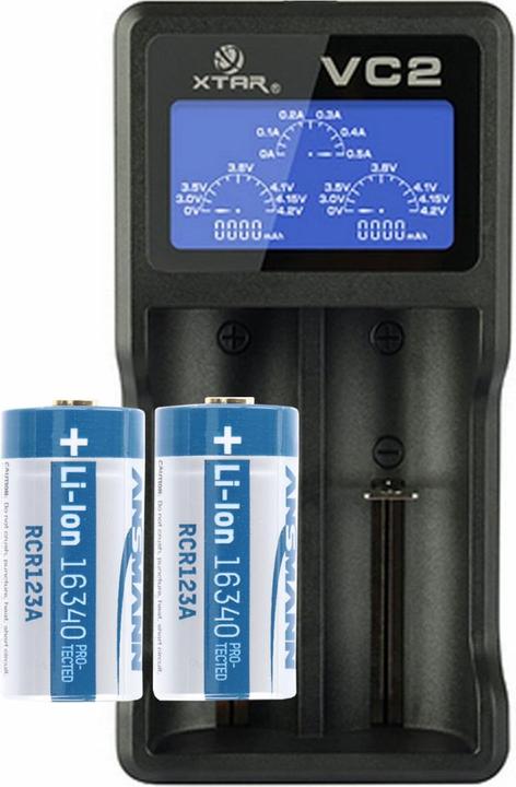 AccuCell 2 Stück CR123A Li-ion Akku und USB-Ladegerät (2 Stk., CR123A, 760 mAh, Ladegerät inkl. Akku)