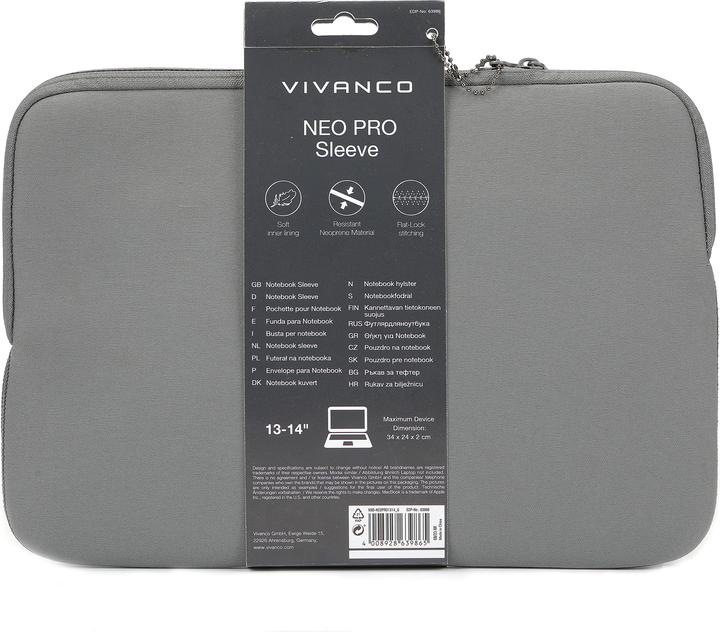 Actual product image Vivanco NEO PRO Notebook Sleeve for 13-14" devices, incl. front compartment, grey, neoprene (14")