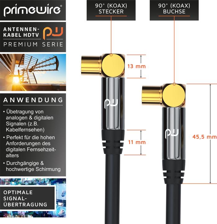 Immagine prodotto Primewire Cavo antenna 90° angolato | Cavo coassiale HDTV Premium 135dB / 75 Ohm | FullHD / 4k Ultra HD (85 dB, Cavi antenna)