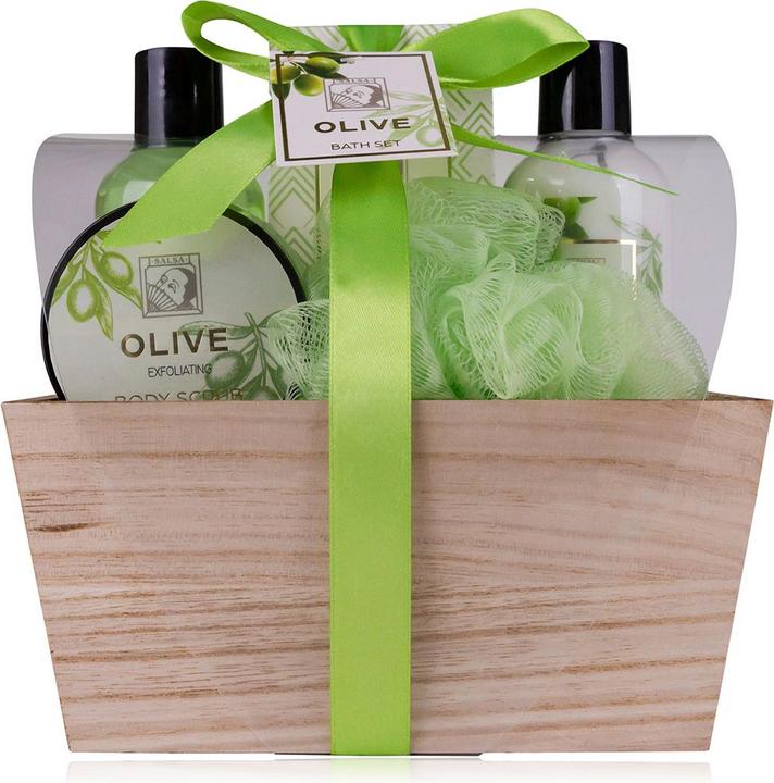 Accentra Badeset OLIVE in Holzbox, inkl. 150ml Duschgel, 150ml Bodylotion, 100g Badesalz, 60ml Körperpeeling (Körperpflegeset, Haarpflege set)