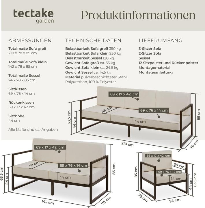 Produktbild tectake Garten-Loungeset Comosa für 6 Personen, XXL-Polsterung
