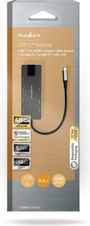 Immagine prodotto Nedis CCBW64775AT02 Adattatore USB USB 3.2 Gen 1 Jack USB-C™ Uscita HDMI™ / Jack RJ45 / SD / 2X U (USB-C, 10 Porti)