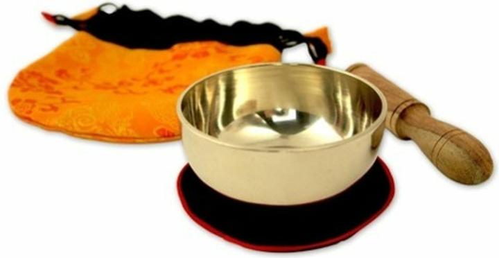 Actual product image Klangschalen-Center Singing bowl (170 g) with base, clapper and bag (yellow)