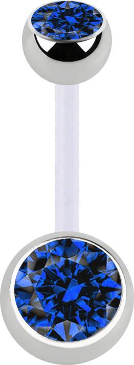 Star Piercing Banane transparent mit zwei Kugeln silber Kristall dunkelblau (ohne Messing, Bioflex, Chirurgenstahl 316L)