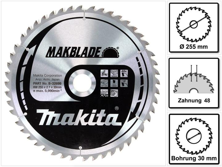 Immagine prodotto Makita MAKBLADE Lama per sega circolare per legno 255 x 30 x 2.1 mm 48 denti ( B-32699 )