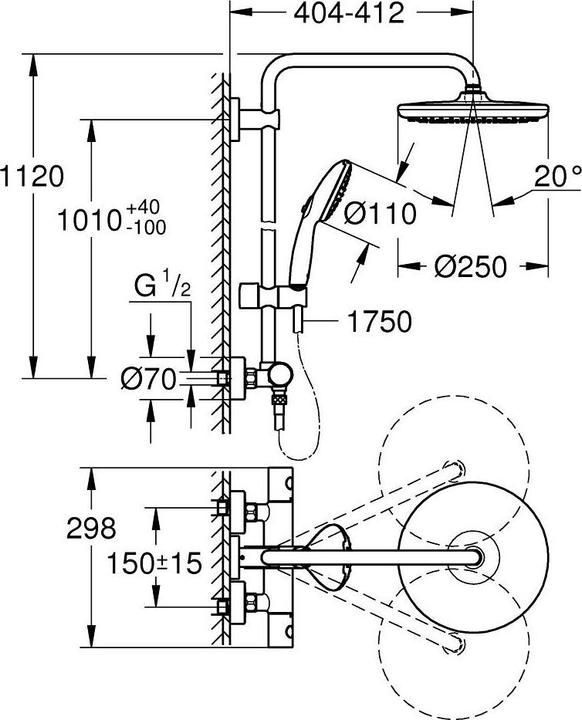 Actual product image Grohe Vitalio Start System 250 Round shower system with thermostatic mixer and Vitalio Start 110 hand