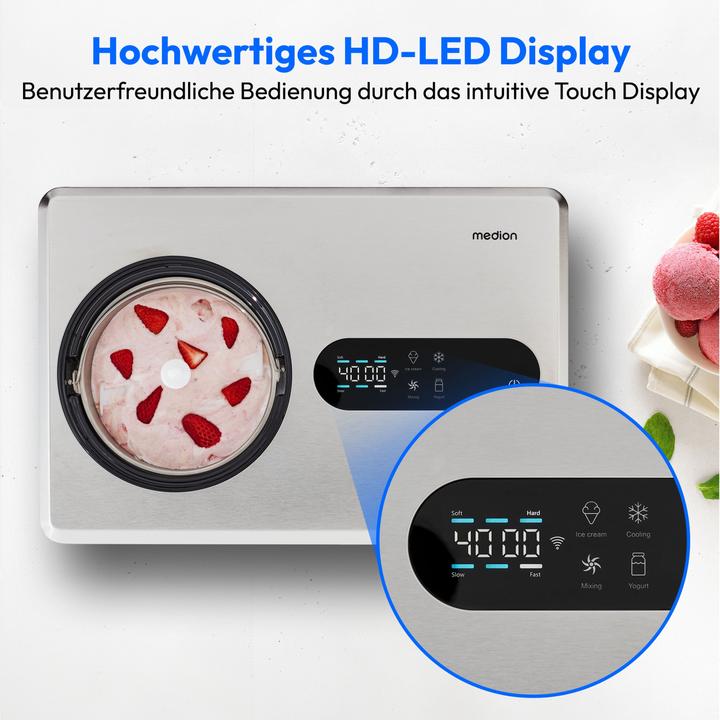 Produktbild Medion SMARTE SPEISEEISMASCHINE MD 12170 Smartphonesteuerung, Kapazität für 2 Liter Eis, HD LED-Display, he