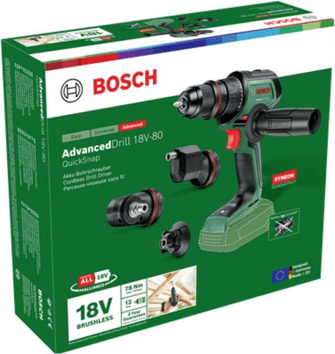 Image du produit Bosch Home & Garden Perceuse-visseuse sans fil AdvancedDrill 18V-80 QuickSnap + 3 embouts (Fonctionnement sur batterie)