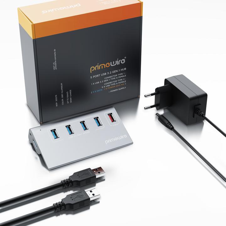 Image du produit Primewire Hub 5 ports USB 3.2 Gen.1 Actif avec adaptateur secteur & câble USB, Hub de données USB 3.0 5 (5 Ports)