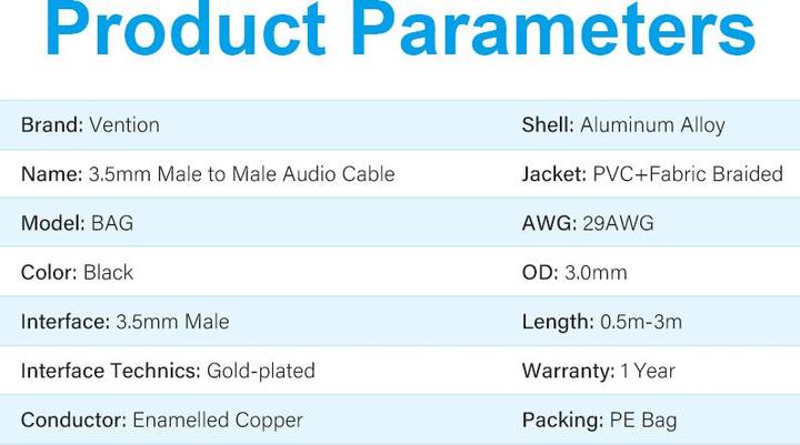 Nutritional values and ingredients Vention BAGBD 3.5mm 0.5m Black Metal Audio Cable (0.50 m, 3.5mm jack (AUX))