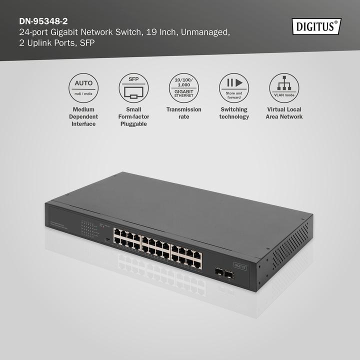 Productafbeelding Digitus 24-poorts Gigabit netwerkswitch, 19-inch, onbeheerd, 2 uplink poorten, SFP (24 Havens)