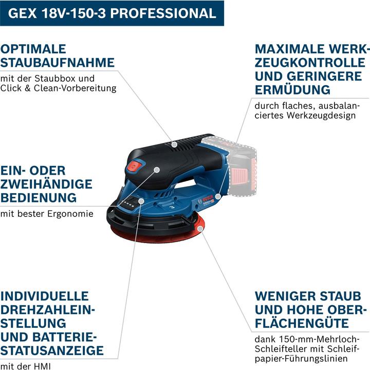 Productafbeelding Bosch Professional Akku-Exzenterschleifer GEX 18V-150-3 (Excentrische schuurmachine)