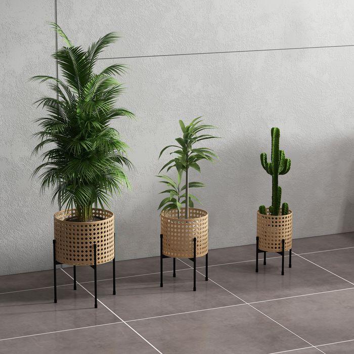 Image du produit Swisshandel24 Lot de 3 supports pour plantes Supports pour fleurs en rotin Tabouret pour plantes Tabouret pour