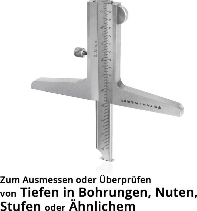 Produktbild Stahlwerk Tiefenmessschieber 0-200 mm DIN 862 aus rostfreiem Edelstahl (20 cm)