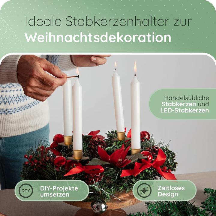 Produktbild Novaliv 4x Stabkerzenhalter Weihnachtskranz GOLD Kerzenpick Kerzenständer für Stabkerzen Kerzentülle