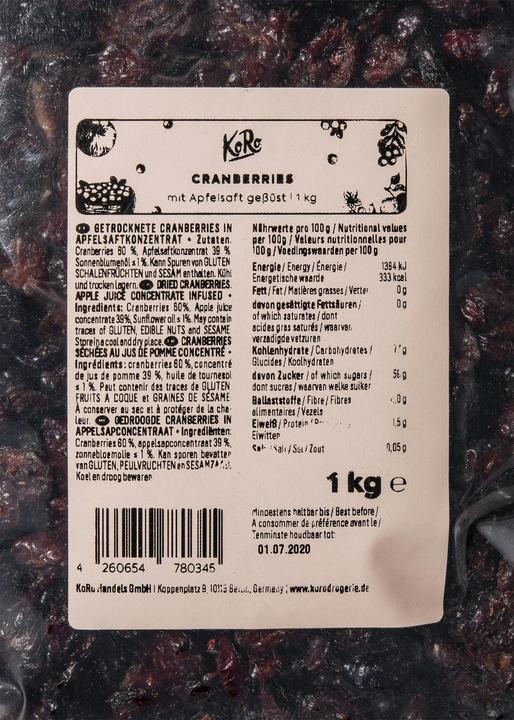 Actual product image KoRo Cranberries sweetened with apple juice (1000 g)
