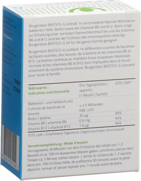 Valeurs nutritives et ingrédients Burgerstein Biotics G (7 pièce(s), Poudre, 40 g)