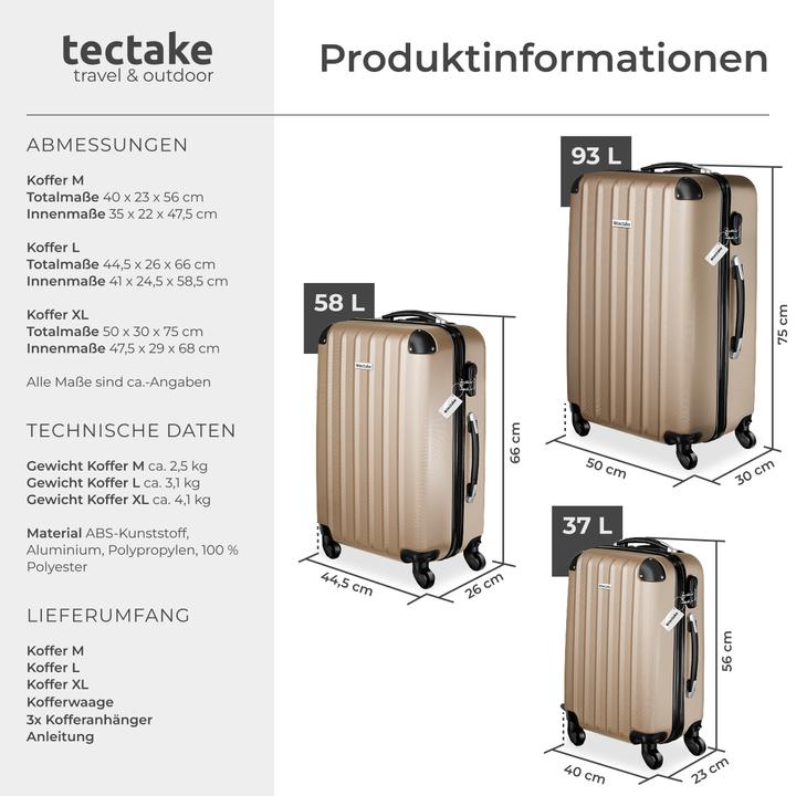 Produktbild tectake 3er Kofferset Talia mit Kofferwaage und Kofferanhänger (93 l, L (90 - 115l))