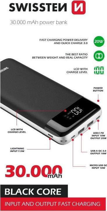 Immagine prodotto Swissten Black Core (30000 mAh, 18 W, 111 Wh)