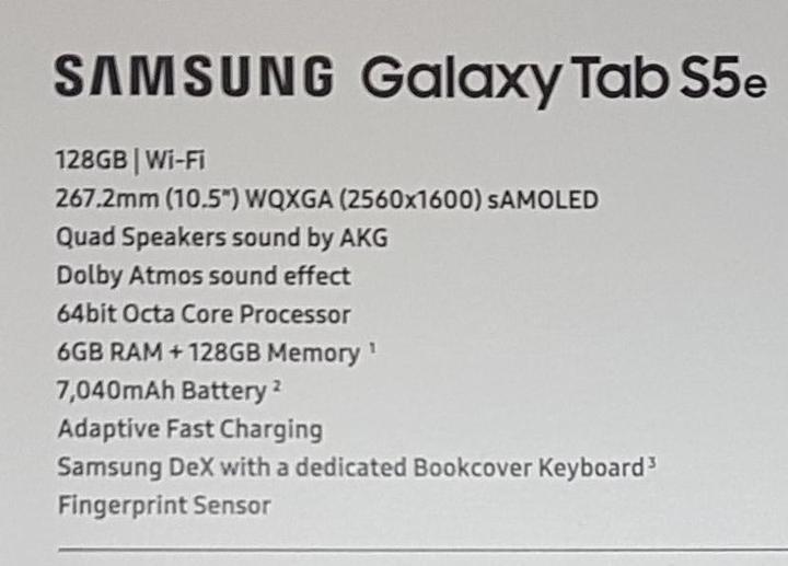 Valeurs nutritives et ingrédients Samsung Galaxy Tab S5e (WLAN uniquement, 10.50", 128 Go, Noir)