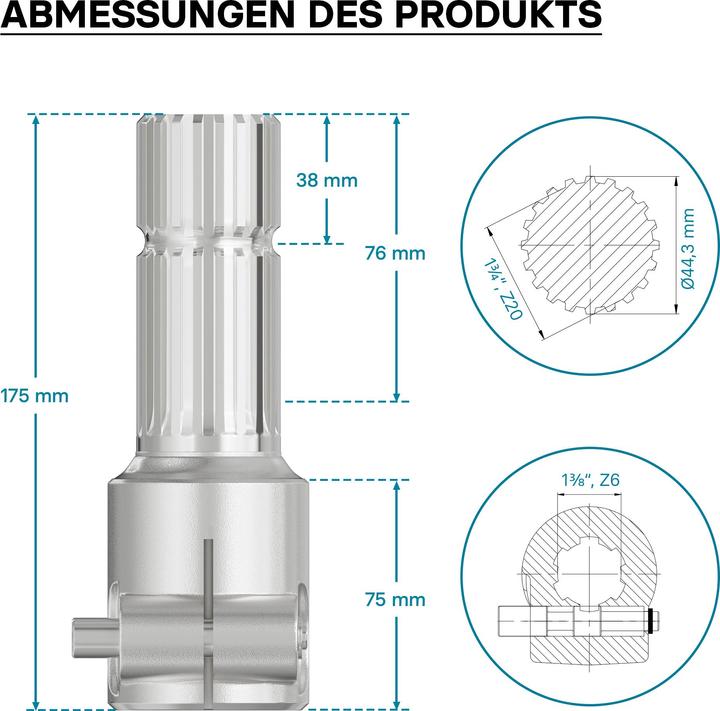 Image du produit Wiltec Manchon Prise de force Cardan 175mm Logement pour arbre cannelé 1 3/8" 6D Sortie 1 3/4" 20 (Accessoires pour tracteurs)