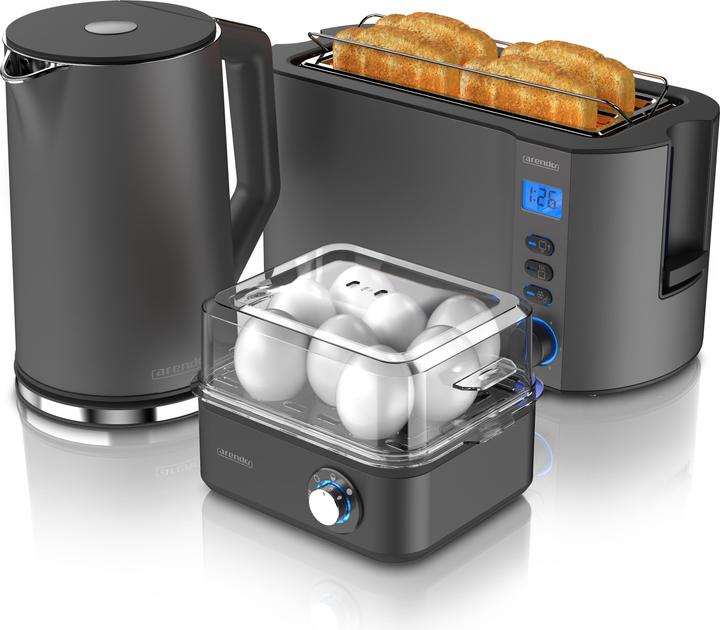 Produktbild Arendo Frühstücks Set, Wasserkocher 1,5l Temperaturwahl, 4-Scheiben Toaster & Eierkocher für 8 Eier, Grau (1.50 l)