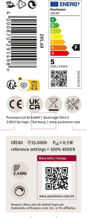 Label énergétique Paulmann Réflecteur Zigbee (GU10, 4.80 W, 350 lm, 1 x, F)
