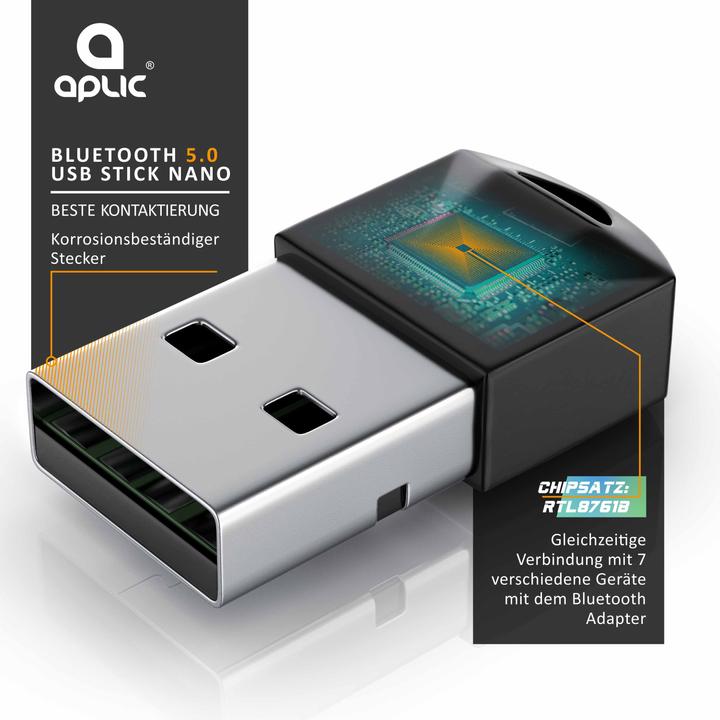 Produktbild Aplic Bluetooth 5.0 USB Adapter für PC/Laptop, Empfänger/Sender, Dongle kompatibel mit Windows 8.1/10/11 (Sender & Empfänger)