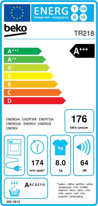 Label énergétique Beko TR218 (8 kg, Droite)