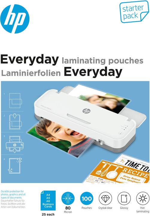 Productafbeelding HP Lamineerfolie Everyday StarterSet 80 µm, 100 stuks, Glanzend (Visitekaartje, A6, A4, A5, 100 Stuk, 80 µm)