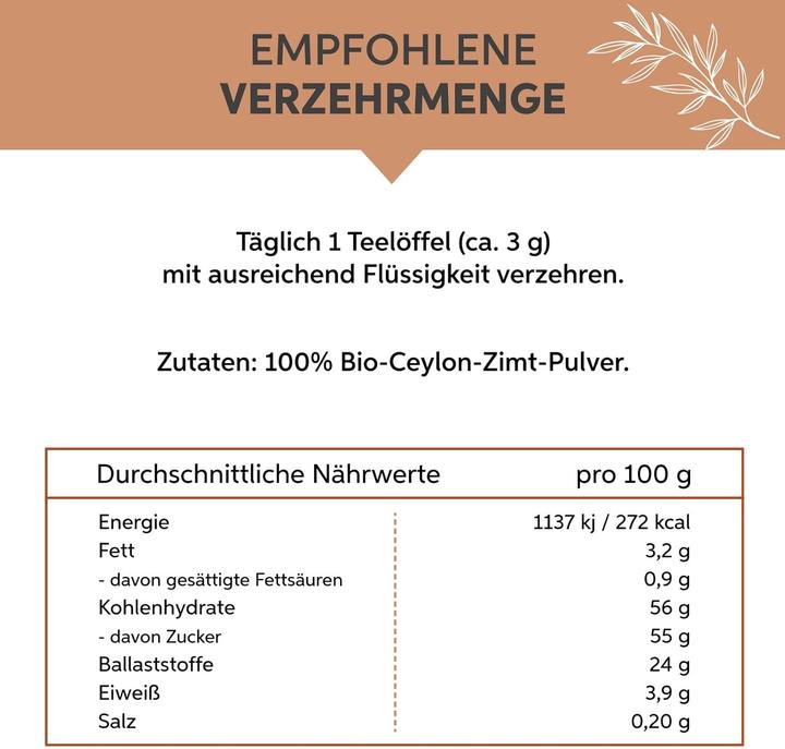Valori nutrizionali e ingredienti Eltabia Cannella di Ceylon biologica in polvere | Cannella di Ceylon finemente macinata a basso contenuto (1 Pezzo/i, Polvere, 200 g)