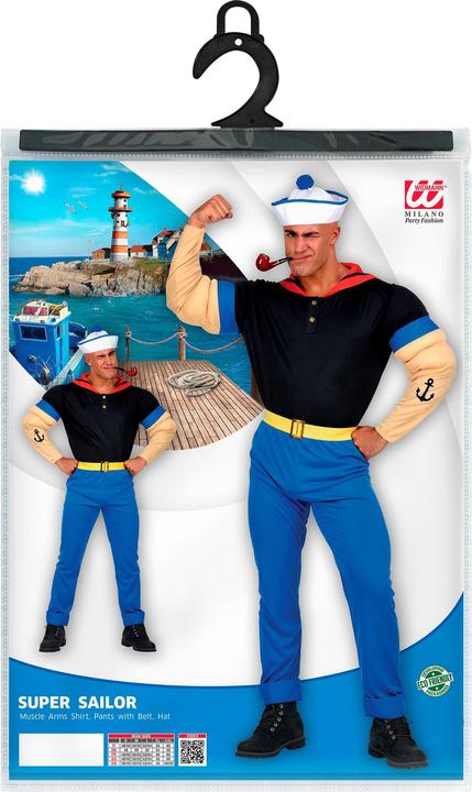 Produktbild Widmann Popeye Seemann Kostüm mit Shirt mit Muskelarmen, Hose mit Gürtel, Mütze (S)
