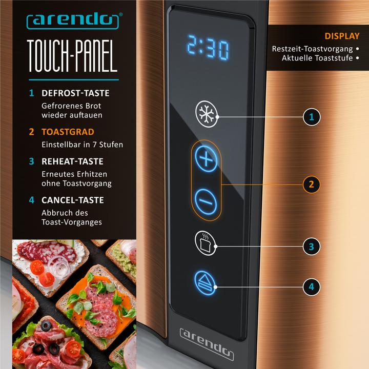 Actual product image Arendo Toaster Edelstahl 4-Scheiben Langschlitz, Display mit Restzeitanzeige, Touchpanel, Brötchenaufsatz