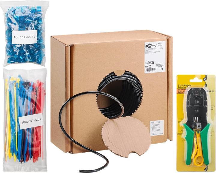 Produktbild Goobay CAT 6 Outdoor Netzwerkkabel-Set, U/UTP, Schwarz, 100 m (U/UTP, CAT6, 100 m)