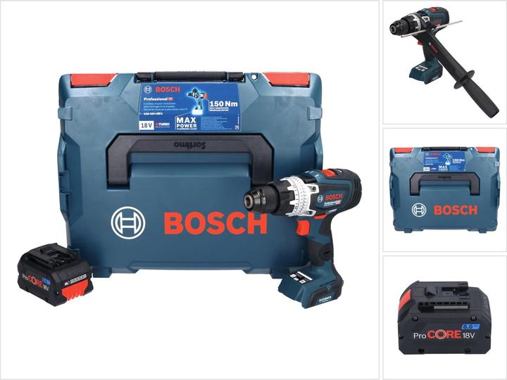 1x Bosch GSB 18V-150 C Professional Akku Schlagbohrschrauber, 1x Bosch ProCORE 18 V 8,0 Ah Professional Akku ( 1600A016GK ), 1x Zusatzhandgriff, 1x L-Boxx, 1x passende Einlage
