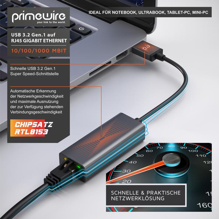 Actual product image Primewire Network adapter USB type A to RJ-45 Ethernet, USB 3.2 network adapter external with Gigabit RJ45 (USB-C 3.2 Gen 1, RJ45 (1x))