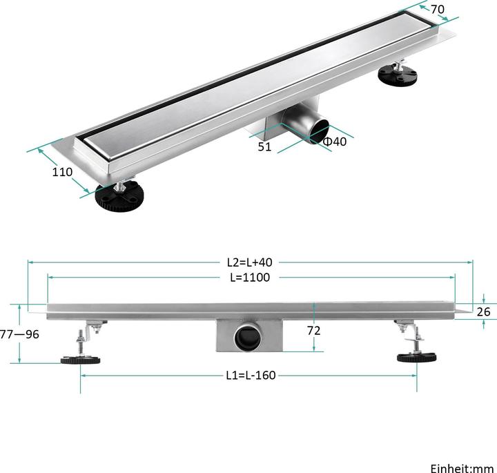 Produktbild Emke Duschrinne Edelstahl, Bodenablauf Komplettset Siphon mit Geruchsstop, Haarsieb, 1100cm (1100 mm)