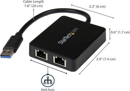 Image du produit StarTech USB 3.0 Double Port Gigabit Nic Nic (USB, RJ45 Gigabit Ethernet (2x))