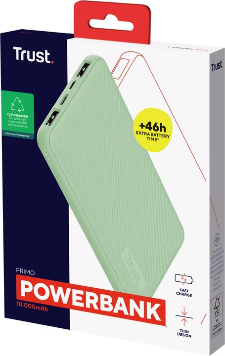 Produktbild Trust POWER BANK USB 10000MAH/PRIMO GREEN 25029 (10000 mAh, 15 W, 37 Wh)