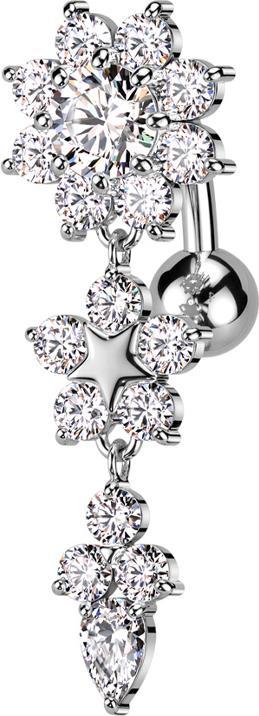 Produktbild Star Piercing Banane silber mit Kugel Anhänger zwei Blumen und Blatt Kristalle silber (Chirurgenstahl 316L, Messing)
